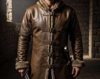 Handmade Brown Genuine Leather Fur Trim Coat | Custom Men’s Medieval Fantasy Jacket | Winter LARP Cosplay | Custom Size Viking Style