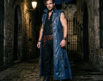 Gilet medievale da uomo in pelle blu senza maniche, fatto a mano, lungo fino ai piedi, stile gotico, con fibbia, armatura, borchie, collo alto, costume fantasy per LARP.