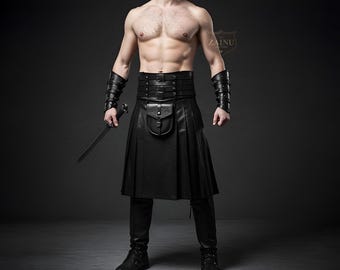 Custom Made Black Leather Gothic Kilt for Men | Punk Leather Utility Kilt | Medieval Cosplay Warrior Skirt