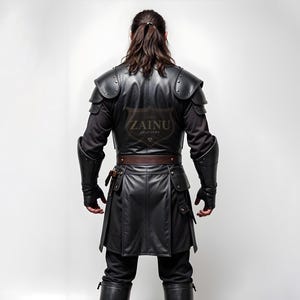 Peut inclure: Une armure en cuir noir avec une ceinture en cuir marron et un logo qui dit "ZAINU LEATHERS".
