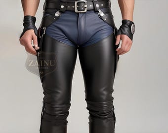 Polainas de motociclista de cuero negro genuino para hombres / Polainas de motociclista personalizables / Equipo de motociclista elegante y duradero / Perfecto para motociclistas