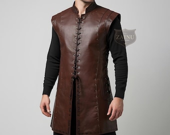 Custom Made Brown Leather Long Vest for Men | Gothic Sleeveless Leather Coat | Personalized Renaissance Armor Vest