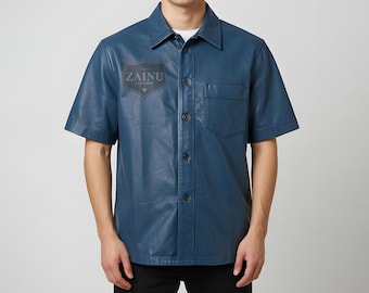 Camisa de cuero azul auténtico para hombre: camisa de verano de media manga / Camisa casual de cuero auténtico / Traje de cuero hecho a mano para hombre