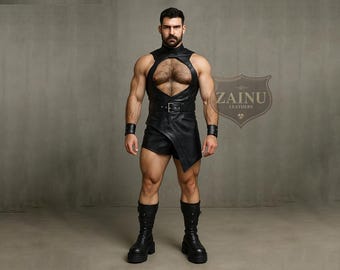 Custom Black Genuine Leather Vest & Shorts Set for Men | Gothic Festival Outfit | Handmade Muscle Fit Wear