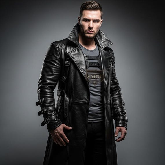Handmade Black Genuine Leather Trench Coat | Custom Long Gothic