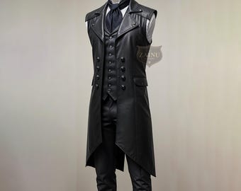 Handmade Black Leather Long Vest for Men | Real Leather Gothic Vest | Sleeveless Leather Coat | Black Leather Vest | Mens Long Leather Vest