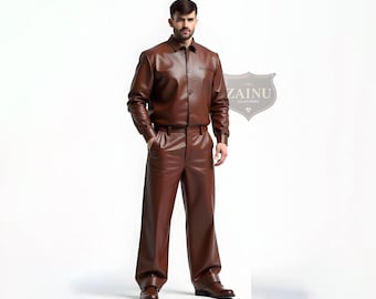 Handmade Brown Leather Jacket and Trouser Pant Set | Real Leather Suit | Classic Leather Brown Outfit | Brown Leather Suit for Men