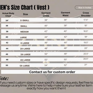 Peut inclure: Un tableau des tailles pour gilets, indiquant les mesures en pouces pour la poitrine du corps, la poitrine du v&ecirc;tement, la taille du v&ecirc;tement et l'&eacute;paule crois&eacute;e. Le tableau comprend les tailles du XS au 5XL.