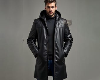 Retro Trench Coat Men Real Leather Long Jacket Full Length
