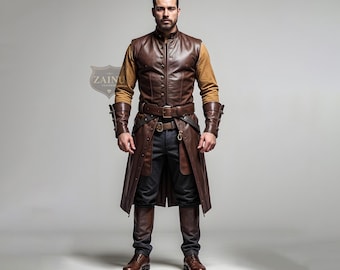 Custom Braune Leder Cosplay Lange Weste für Männer | Ärmelloser Ledermantel für Herren | Braune Leder Duster Weste | Custom Fit Cosplay Weste