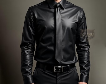 Chemise de police en cuir noire personnalisée | Chemise d'uniforme classique en cuir pour homme avec lien | Style pointu et autoritaire | Cadeau parfait