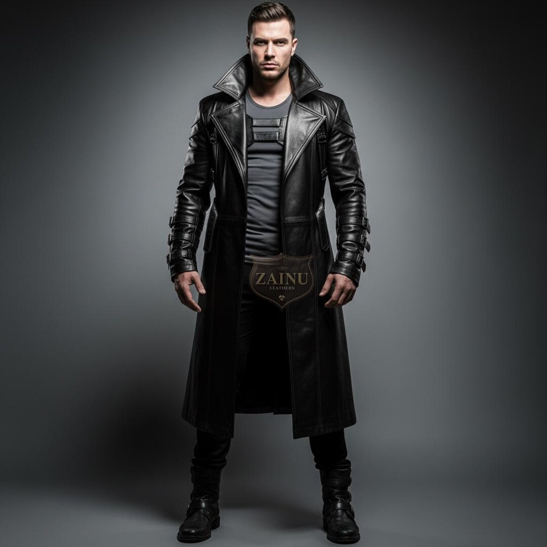 Handmade Black Genuine Leather Trench Coat | Custom Long Gothic