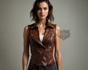 Custom Brown Leather Biker Vest for Women | Chic Moto Vest | Edgy Rider Style | Classic Brown Leather Jacket