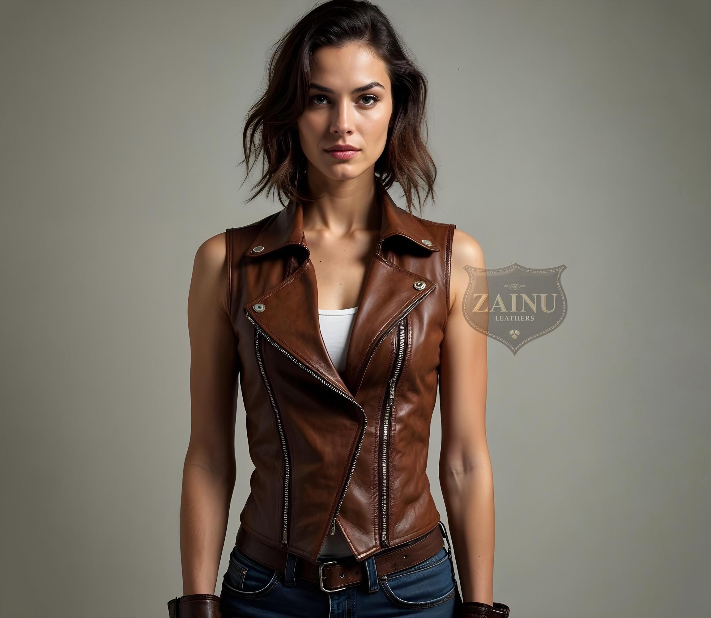 Custom Brown Leather Biker Vest for Women | Chic Moto Vest | Edgy Rider Style | Classic Brown Leather Jacket