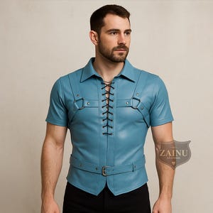 Men’s Blue Leather Lace-Up Shirt with Belt | Handmade Medieval Renaissance Short Sleeve Top | Steampunk Pirate Costume Shirt | Custom Size