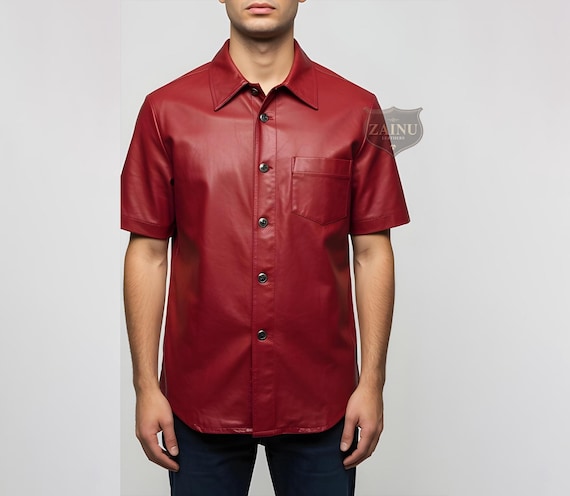 Genuine Red Leather Shirt for Men – Half Sleeve Summer Shirt