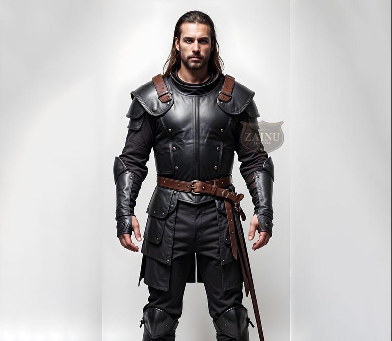 Peut inclure: Une armure en cuir noir avec des accents en cuir marron. L'armure comprend une pi&egrave;ce de poitrine, des &eacute;paulettes, des prot&egrave;ge-bras et une ceinture. L'armure est port&eacute;e par une personne aux longs cheveux bruns.