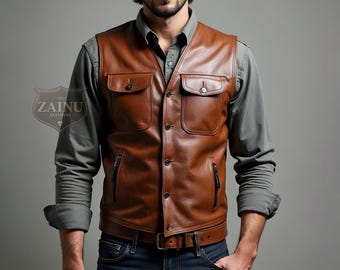 Custom Made Brown Leather Moto Vest for Men | Classic Brown Biker Vest | Personalized Leather Motorcycle Vest