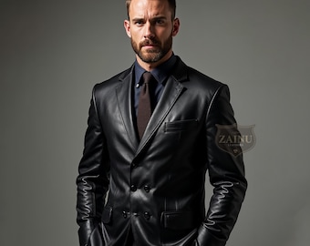 Custom Black Leather Blazer Jacket | Men's Formal & Casual Leather Coat | Button Closure Style