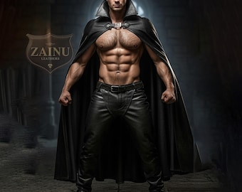 Handmade Men's Genuine Leather Cape | Custom Long Black Gothic Coat |Personalized Leather Vampire Cloak|Tailored Steampunk Cosplay Outerwear