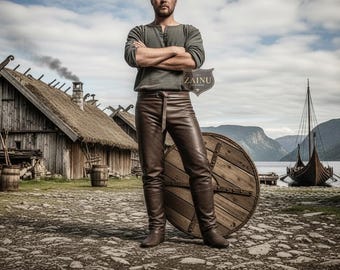 Mittelalterliche Wikinger Lederhose, braune Lederhose mit Gürtel für Cosplay, Krieger Kostüm, Larp Ausrüstung