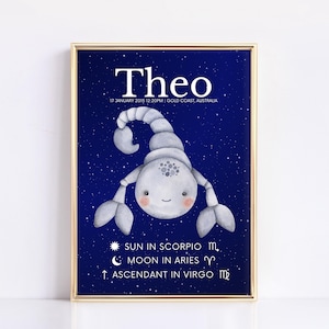 Theo - Stampa da parete personalizzata con tema astrologico per bambini, tema natale dello Scorpione con nome, sole, luna e ascendente, decorazione per la cameretta dei bambini