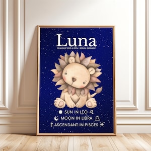 Stampa personalizzata del tema natale di Luna, tema zodiacale Leone, decorazione murale personalizzata per bambini e neonati, decorazione per la cameretta dei bambini con il segno zodiacale, regalo con download digitale.