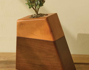 Wooden Plant Cremation Urn: Birch & Walnut, with Ceramic Pot