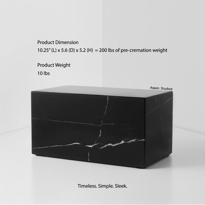 May include: A black rectangular box with white veining. The product dimensions are 10.25" (L) x 5.6" (D) x 5.2" (H). The product weight is 10 lbs. The text "Timeless. Simple. Sleek." is at the bottom.