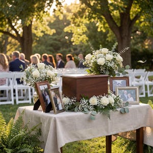 May include: A wooden urn and framed photos are displayed on a table draped with a linen cloth, adorned with white roses and baby's breath. The scene is set outdoors with guests seated in white chairs, suggesting a memorial service.