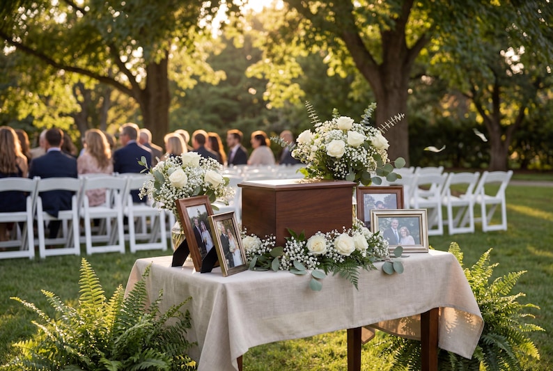 May include: A wooden urn and framed photos are displayed on a table draped with a linen cloth, adorned with white roses and baby's breath. The scene is set outdoors with guests seated in white chairs, suggesting a memorial service.