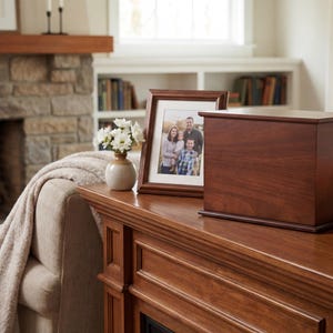 May include: A wooden urn with a rectangular shape and a dark brown finish sits on a wooden surface. A framed family photo and a lit candle are also on the surface. A vase of white flowers is nearby.