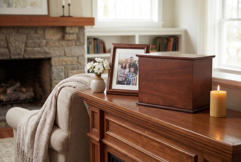 May include: A wooden urn with a rectangular shape and a dark brown finish sits on a wooden surface. A framed family photo and a lit candle are also on the surface. A vase of white flowers is nearby.