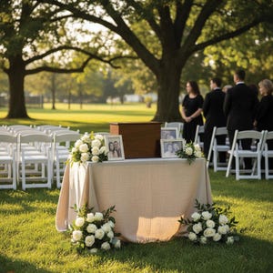May include: An outdoor memorial setup with a wooden urn, framed photos, and white floral arrangements. The table is draped with a beige cloth, and white chairs are arranged in rows. The scene is set on a grassy lawn with trees in the background.