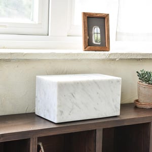 May include: A white marble box with a smooth, polished surface sits on a dark wood shelf. A small potted succulent plant is on the shelf to the right of the box.