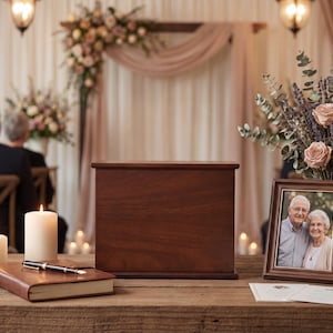 May include: A wooden urn sits on a wooden table, with a framed photo of an elderly couple. A leather-bound journal and pen are nearby, along with lit candles and a floral arrangement. The scene is set in a room with soft lighting and floral decorations.