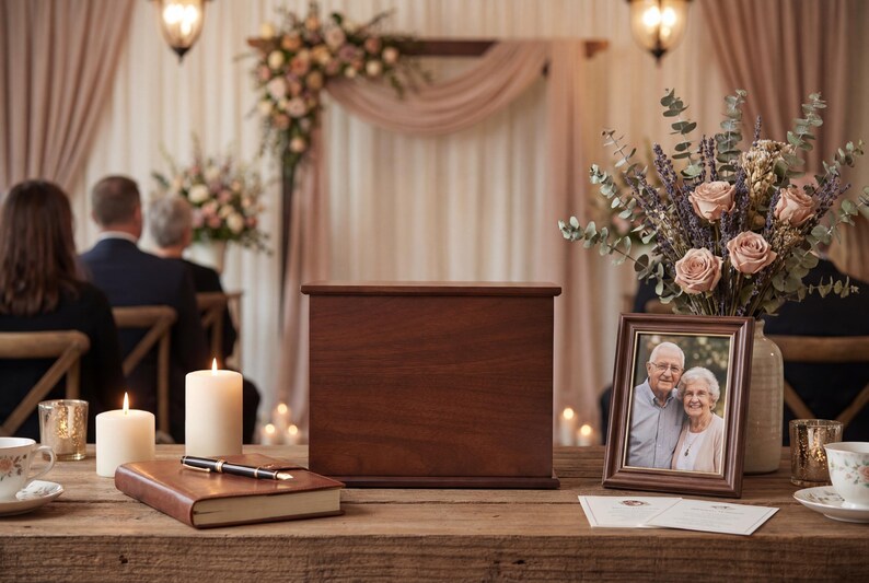 May include: A wooden urn sits on a wooden table, with a framed photo of an elderly couple. A leather-bound journal and pen are nearby, along with lit candles and a floral arrangement. The scene is set in a room with soft lighting and floral decorations.