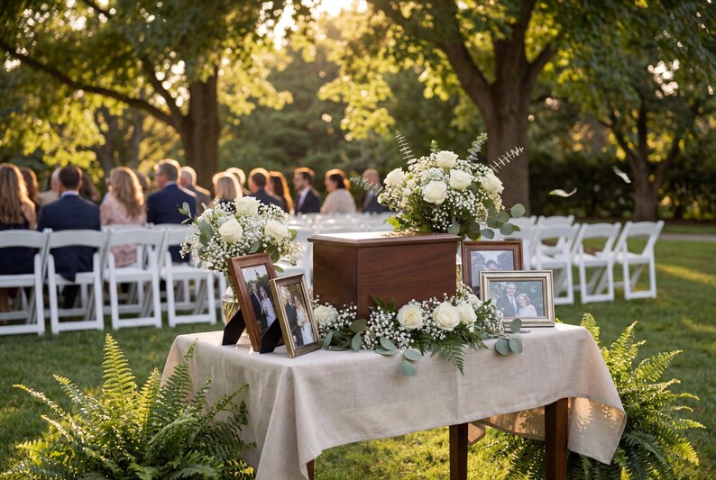 May include: A wooden urn and framed photos are displayed on a table covered with a linen cloth. White roses and baby's breath decorate the table. White chairs are arranged in the background, with guests seated. The scene is outdoors, with trees and sunlight.
