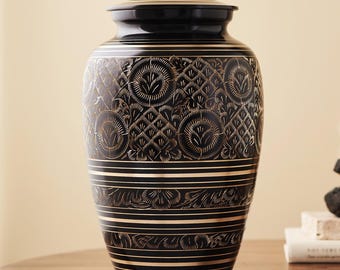 AspenStudio Black Platinum Brass Cremation Urn for Adult Human Ashes - Large Handcrafted Funeral Memorial Urns