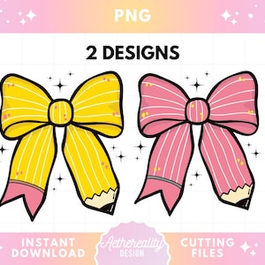 Pacote de PNG de Laço de Lápis, Clipart de Professora Coquete, Laço de Lápis Estético Fofo, PNG de Volta às Aulas para Cricut e Designs de Camisetas de Sublimação