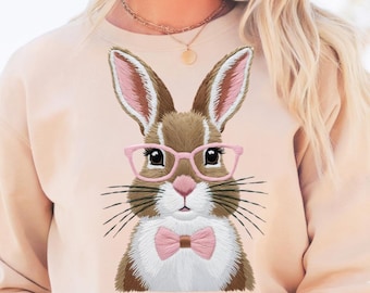 Conejito de Pascua retro PNG: Diseño de bordado falso (descarga digital)
