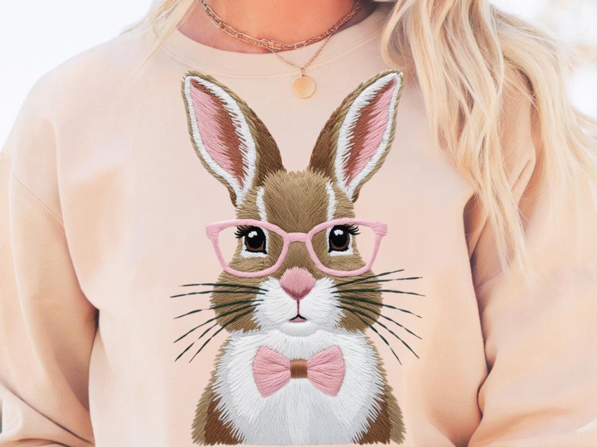 ヴィンテージイースターバニーPNG：フェイク刺繍のコケットデザイン