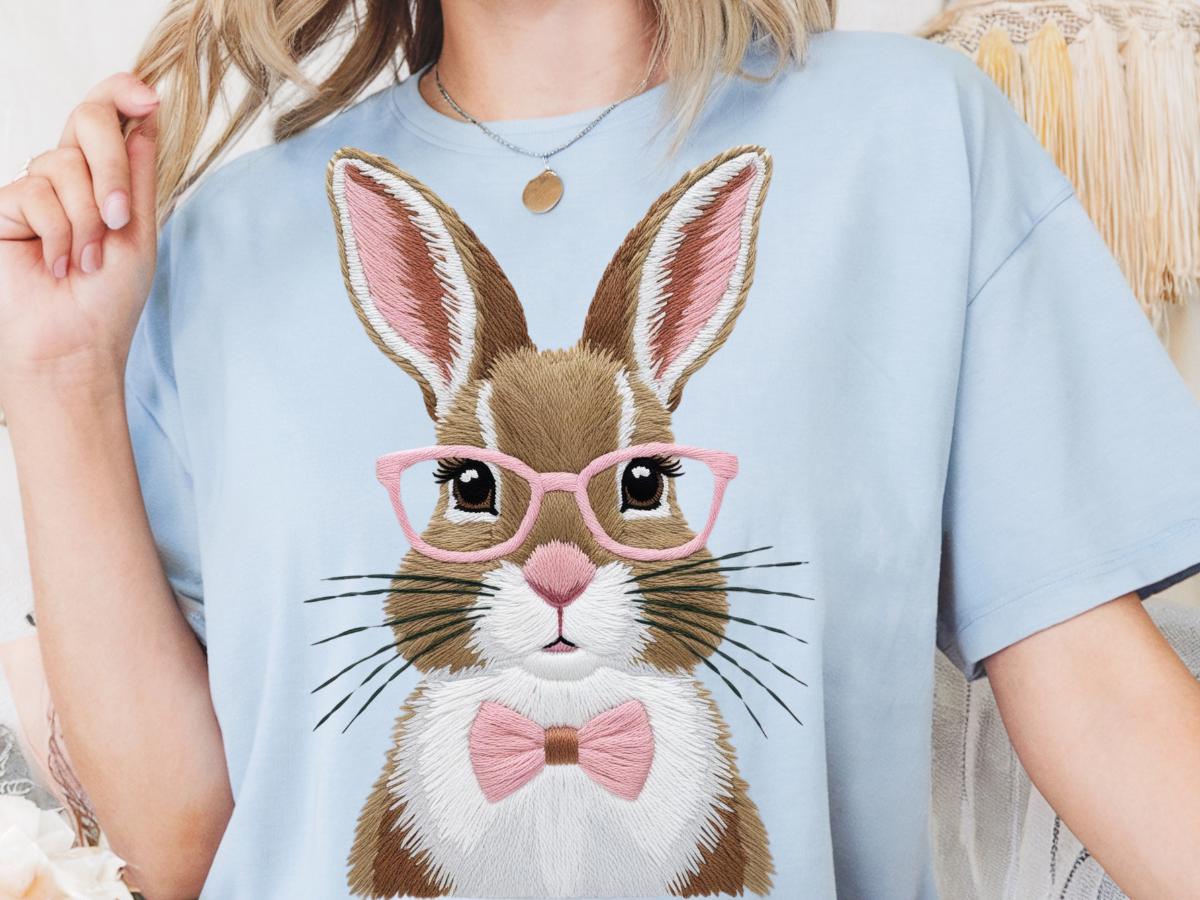 ヴィンテージイースターバニーPNG：フェイク刺繍のコケットデザイン