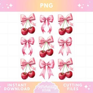Cherry PNG, Coquette Bow Cherry Aesthetic, Valentine Clipart for Shirt Sublimation, Cherry Digital Download, Trendy Pink Bow Cricut Design