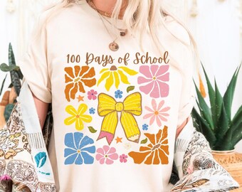 100 Days of School PNG, Boho Coquette Teacher Clipart, Cute Bow 100 Days Shirt Design, Trendy Sublimation PNG for Class Teachers & Students