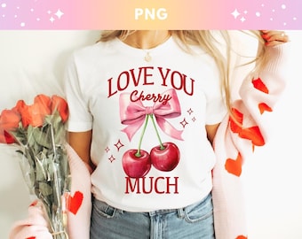 Love You Cherry Much png, coquette bow cherry clipart, trendy Valentine sublimatie, schattige cherry png esthetiek voor shirts en ambachten