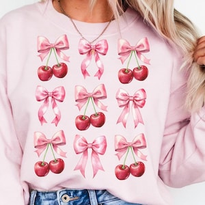 Cherry PNG, Coquette Bow Cherry Aesthetic, Trendy Valentine Design, Pink Bow Clipart, Cherry Valentine Shirt Art, Coquette Graphic