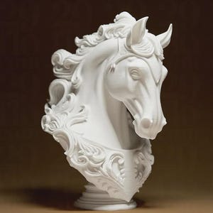 May include: A white horse bust sculpture with detailed mane, ears, and facial features. The sculpture has an ornate, decorative base and is set against a brown background. The horse head is facing slightly to the right.