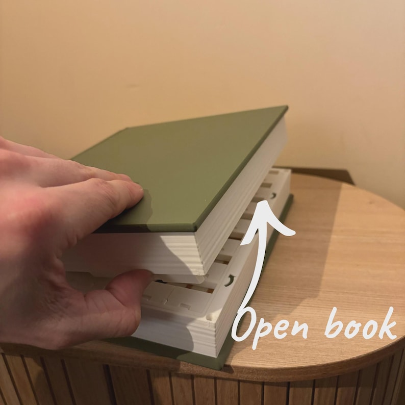 以下が含まれることがあります： 緑色の表紙の開いた本。本はページを表示するために開かれています。「Open book」というテキストが、開いた本を指す矢印とともに画像に書かれています。本は木製の表面にあります。