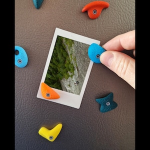 May include: A photo of a mountain landscape is displayed on a white photo card. The photo card is attached to a refrigerator with several colorful plastic climbing holds.